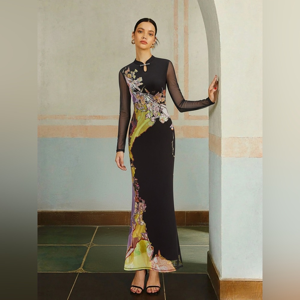 Commense Black Long-Sleeve Floral-Trim Maxi Dress